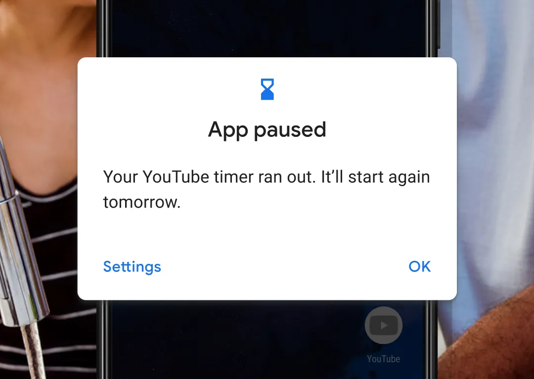 Google Digital Wellbeing timer alert an alert from Google’s Digital Wellbeing app stating that your YouTube timer ran out